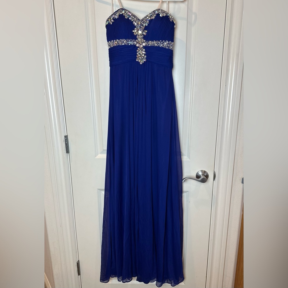 Xscape Formal Prom Dress Floor Length Rhinestone Evening Gown Blue Size 0